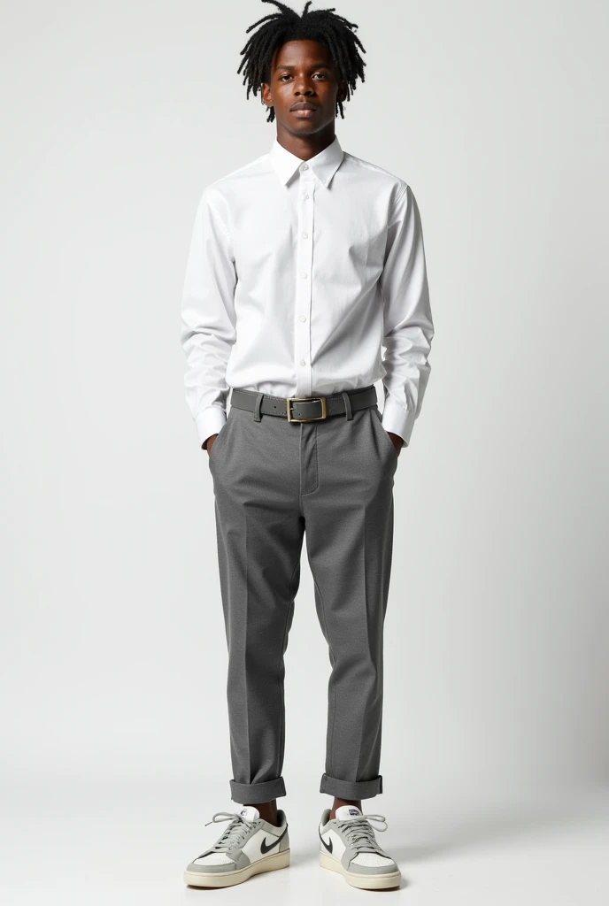 Create an image of young men wearing white long sleeve shirt with hand folded and wearing light grey and black squares squares suit pant with nike SB white and light grey shoes.
with folded sleeves and add belt for pant .add light grey and white nike sb sh...