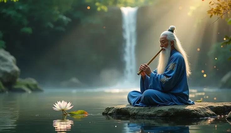 An ancient Taoist master, known as Guru Tong, sitting gracefully on a large weathered stone in the middle of a tranquil pond surrounded by lush greenery and natural rocks. The master has long, flowing silver-white hair and a majestic white beard, exuding w...