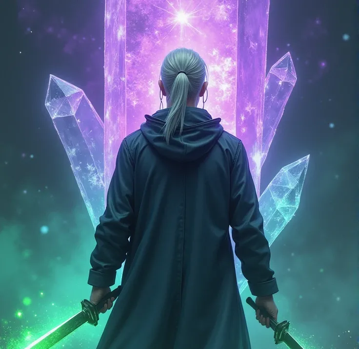 guy and white hair,  collected in a ponytail , Dressed in a raincoat,  in his hands he has a blade shrouded in a green-violet aura,stands against the background of a floating ,  crystal, the top of which shines purple and green  . , a guy is standing with ...