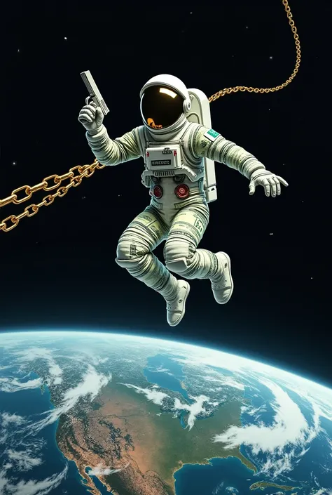 A square image of an astronaut jumping over planet Earth , , the astronaut suit must be completely lined with $100 bills and must carry a glock gun in his hand and a thick gold chain in the background to show outer space. 