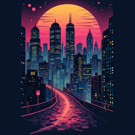  2d vector illustration, tshirt design for print, cyberpunk city, (best quality, masterpiece: 1.3), 