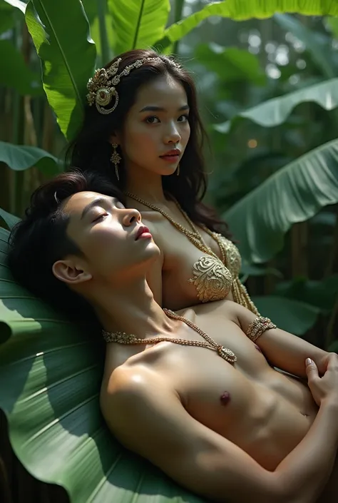 Create the character of a beautiful Indonesian woman sitting on the body of a young man in a banana leaf garden