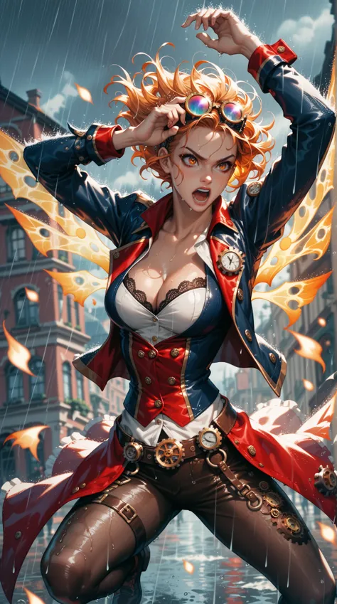  steampunk，girl，Racer，Colored Contact Lenses， screams ， medium chest ，cleavage， open neck hair ，Agent uniform ，lace tights ，Flame Wings， hands on forehead， fighting posture ，panoramic，rain，dream，Bubble method