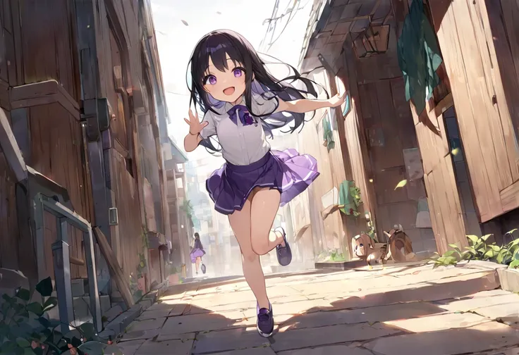 masterpiece,  top quality:1.2)、((( Kindergarten Mother、 straight hair、 black hair、 purple eyes、smile、 open her mouth 、Raise your hand、 hand in the den forward、Black clothing、 purple skirt、run、flat breast、 full body