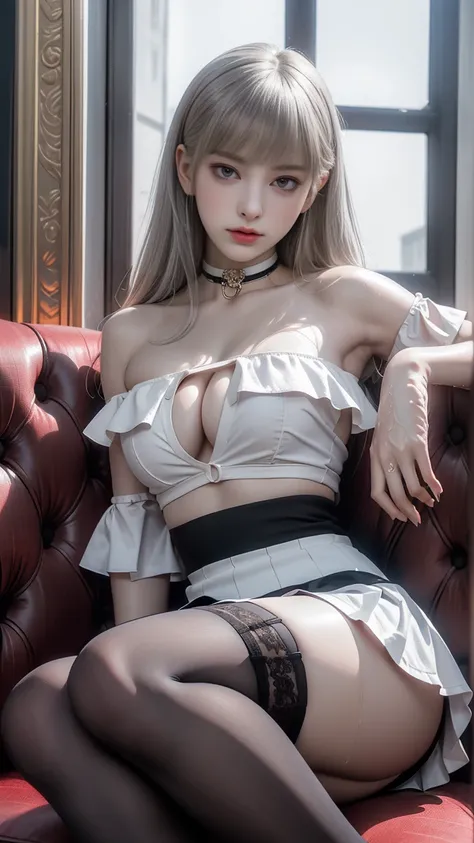 ((Girl sitting on an antique sofa in a palace)),(( best quality))、((Superior Quality、8k、tmasterpiece:1.5))、The genitals are clear:1.2、 Perfect Body Beauty:1。4) wet skin、smile、Film texture、 Photorealistic、 high image quality、1 person、Single、 High Hips 、 app...