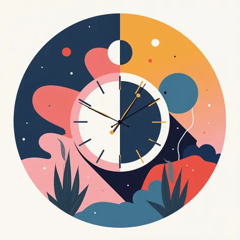 Draw a music album cover ， The pattern is the theme of a clock  during the day and night, with 蒙特里安画作 background.  but simple, less details and more shapes, with pink and blue colors.  all around in circle