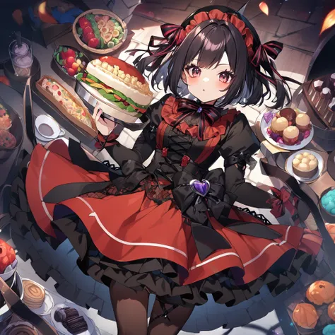  1 girl , Bob　Princess cut
ribbons,  Gothic Lolita 　Red and Black、
Food, 