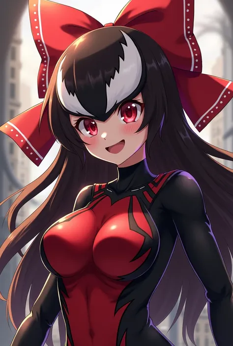  Hakurei Reimu in an anime-style Venom suit, she is a girl with long brown hair and red eyes、Im wearing a big red ribbon on my head、Im drowning in the power Ive gained and the villains smile is on my face、Posing、 She rules everything in this world 、There i...