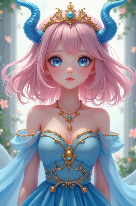 anime character,  young girl with pink hair , medium blue horns ,  golden tiara with blue pearls and white skin with a blue top and a gold necklace, a blue skirt