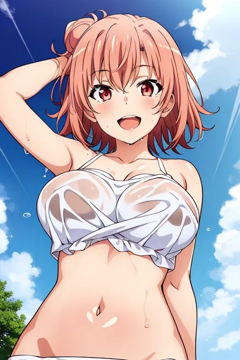 (masterpiece,  top quality,  high definition , NFFSW,  perfect pixel for shoulder-length hair,  is written by, 4K), 
 one girl ,  On,  beautiful anime girls, 
 watching viewers, 
 perfect body,  

 Yuigahama Yui,  short hair,  pink hair, Hair Bun,  Big Bre...