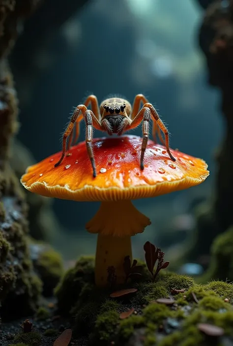 Spider on a large mushroom in a cave close-up photo