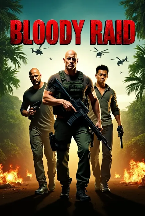 An epic movie poster for Bloody Raid. The title is prominently displayed in massive, metallic blood-red letters with a bold, dramatic design. The poster features the three main actors: Dwayne Johnson at the center in tactical combat gear holding a rifle, J...