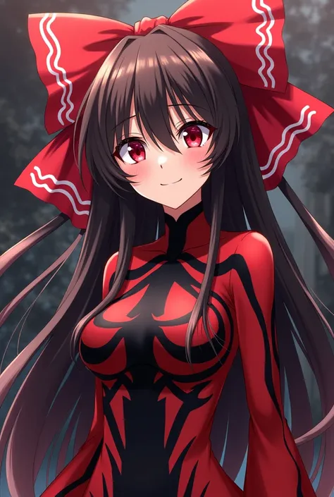  Hakurei Reimu in an anime-style Venom suit, she is a girl with long brown hair and red eyes、Im wearing a big red ribbon on my head、Im drowning in the power Ive gained and the villains smile is on my face、Posing、 She rules everything in this world 、There i...