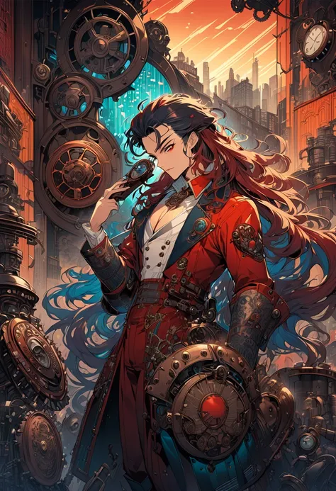 Create a steampunk-style piece with an anime-style illustration featuring a long-haired gentleman making a phone call on a retro telephone.

The design combines mechanical and vintage elements typical of steampunk, such as gears, clock parts, and steam pip...