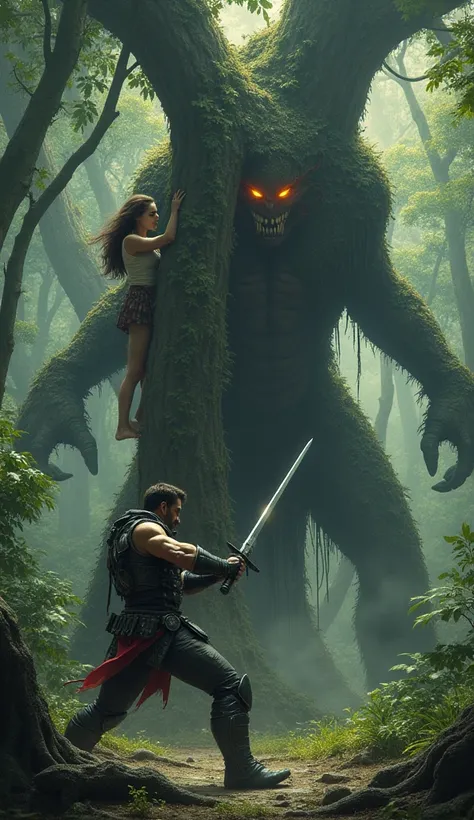 "An ancient jungle setting with towering trees and eerie shadows. A heroic man in a war suit stands in front of a monstrous creature, his sword drawn and face determined, protecting a terrified woman clinging to a tree. The monster, with glowing eyes and s...