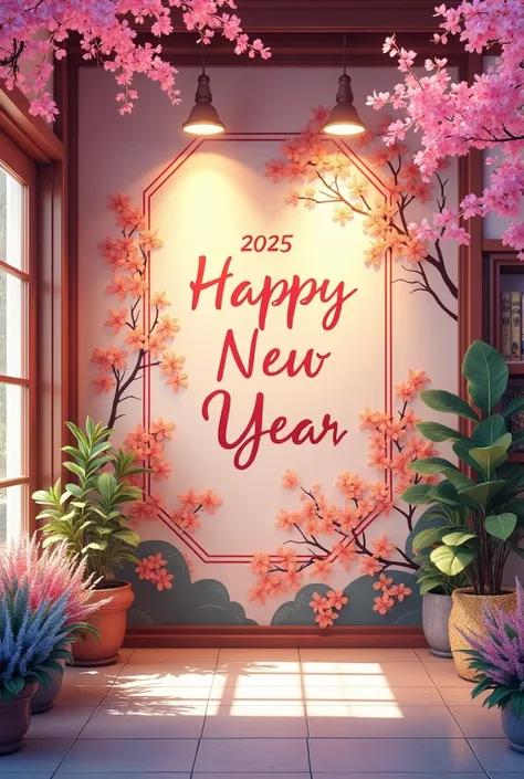 A beautiful 4D rendering of a colorful illustration with the words " Watbangkhuntiannok School" and "2025" and "Happy New Year" written in delicate and delicate handwriting adorns the wall. The lighting further emphasizes the name of the school, drawing at...