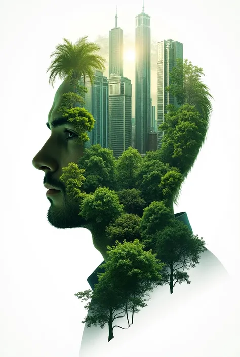 Theme and Concept: A promotional image  for a symposium combining themes of nature, sustainability, and urban development.
Main Visual: A center  profile of a mans face blended seamlessly with elements of a green forest and modern skyscrapers. Trees and gr...