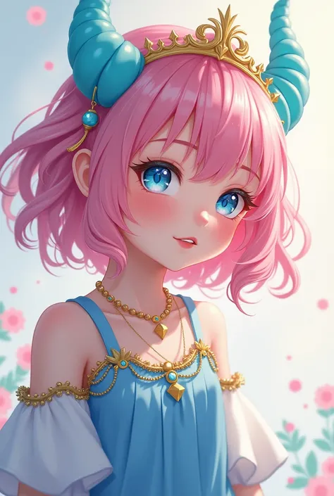 anime character,  young girl with pink hair , medium blue horns ,  golden tiara with blue pearls and white skin with a blue top and a gold necklace, a short blue skirt 
