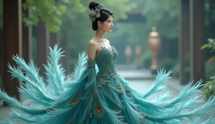 /I A Chinese girl wearing a gorgeous  dress woven with peacock feathers blend into a girls dress, Extremely beautiful feather super fine ultra-realistic sense of reality 8k, full body photo, EOS 20ｍｍ F1.2, Blur the background、 --ar 3:4 --v 6.0