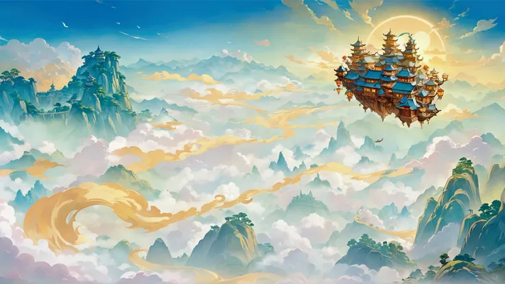 Draw a castle in the sky，A mountain in the background,  Kingdom of Light background ,  Onmyoji detailed art , Floating land in the clouds, Floating city in the clouds, Feiyun Castle, Cloud Palace,  a beautiful art illustration , Lying in the white cloud wo...