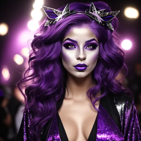 This picture shows a young woman with eye-catching ,  artistic makeup and eye-catching purple hair strands in front of a dark ,  mysterious background .  Her facial features are accentuated by metallic purple eyeshadow and bright purple lipstick,  while he...