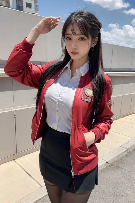 ( top quality, masterpiece:1.2), ( realistic , photo  realistic :1.4),（AirAsia Stewardess Uniform Real Style）, A proper woman,  beautiful face, Brown Hair, (Long hair that reaches down to her feet), ( red jacket ,   No Zipper Jackets,  open white shirt ,  ...