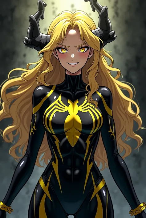 Kirisame Marisa in an anime-style Venom suit, she is a girl with long, curly blond hair and yellow eyes、Im drowning in the power Ive gained and the villains smile is on my face、Posing、 She rules everything in this world 、There is a yellow pattern on the bo...