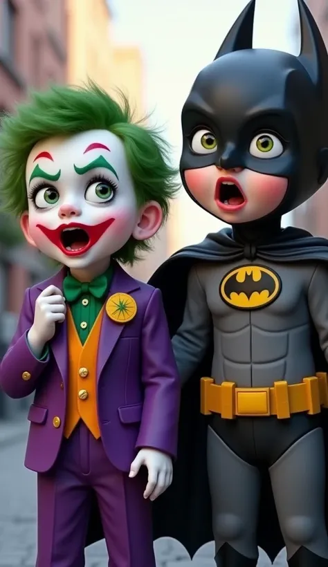 "Close-up shot of Joker’s  son and Batman’s  son standing side by side, both with wide eyes and their mouths open in shock. The son of Joker, dressed in a miniature version of Joker’s purple suit, with bright green messy hair and Joker-style makeup (white ...