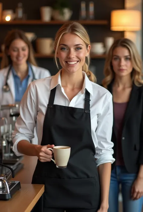 Cover image for a romance novel. The protagonist stands in the middle as a female barista making coffee, behind on the left is a female doctor, behind on the right is a businesswoman, in the background is a coffee shop.