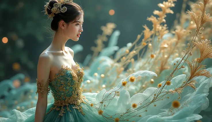 /I A Chinese girl wearing a gorgeous  dress woven with peacock feathers blend into a girls dress, Extremely beautiful gold feather super fine ultra-realistic sense of reality 8k, full body photo, EOS 20ｍｍ F1.2, Blur the background、 --ar 3:4 --v 6.0