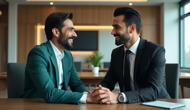 An adult Indian business man in teal green coloured suit is talking to his male adult business  partner with bread, his friend is wearing Balck suit, joy environment, office setting, hyper realistic image 4K resolution and 3D image 