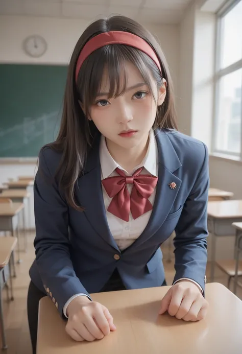  rape,  top quality, masterpiece,  dark blue blazer uniform ,  medium boobs,  dark hair long straight hair, timid girl , classroom, Red ribbon around neck,  red headband 