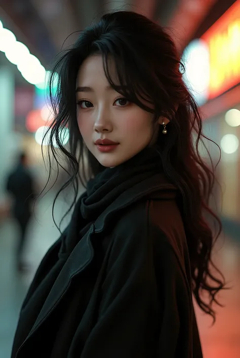 masterpiece, light makeup, red lips, black hair, messy long hair, pure background, beautiful, elegant. Ultra-fine details, masterpieces, realistic textures, realistic cinematic lighting, perfect work, 8k, HD, delicate facial features, Long coat, Dress boot...