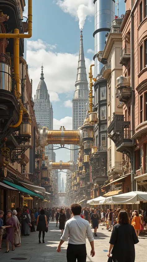 Steampunk cityscapes blend 1980s style with intricate details, showcasing people walking amidst vibrant, realistic settings of past and future harmony.