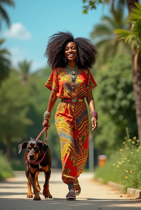 Black woman with curly hair
Wear bright and colorful reggae clothes.
Generate now walking a dog 
Go for a walk in the park
Beautiful, sharp, and shiny images
