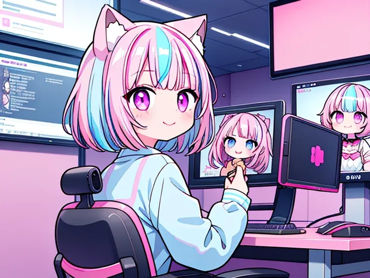 masterpiece, ((1girl)), (((pink and light blue)), ((streaked hair))), highlights hair, purple eye, Food, smile, Cat ears,  computer ,  sitting,  very short hair, bob cut, , Foodie,  Look at the Viewers ,  chair, machine, Monitor,  indoor,  skirt,  (( virtu...