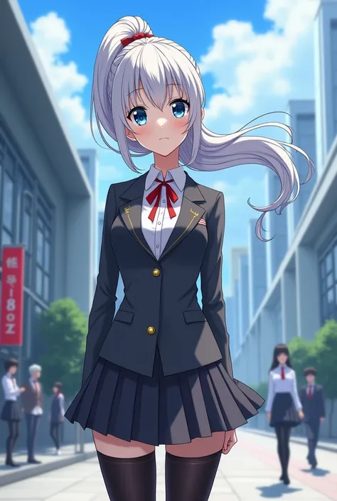 "An anime-style depiction of a 16-year-old young woman in a refined shounen art style, set in a contemporary world with magic, featuring a modern isekai fantasy atmosphere. She has long, silvery hair tied in a high ponytail, cascading down her back with so...