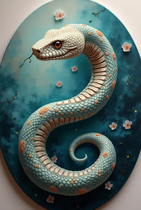  Beautiful snake using painting technique. Round canvas 
