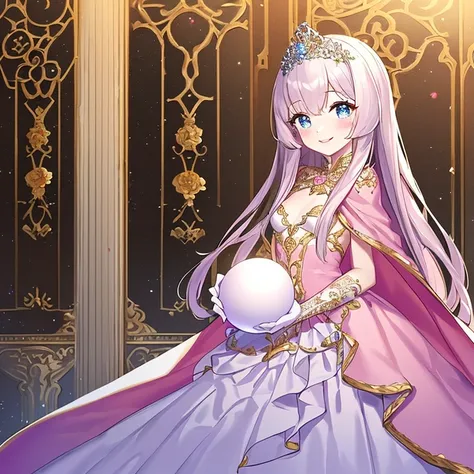 (solo), kawaii, masterpiece, best quality, rococo style gown, (long train pastel pink cape:1.15), (long train white ball gown:1.1), (long train skirt:1.1), gown with flower decorations, a princess is wearing a long cape over her gown, 1 little princess, ti...