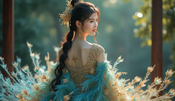 /I A Chinese girl wearing a gorgeous  dress woven with peacock feathers blend into a girls dress, Extremely beautiful rainbow  color feather super fine ultra-realistic sense of reality 8k, full body photo, EOS 20ｍｍ F1.2, Blur the background、 --ar 3:4 --v 6...