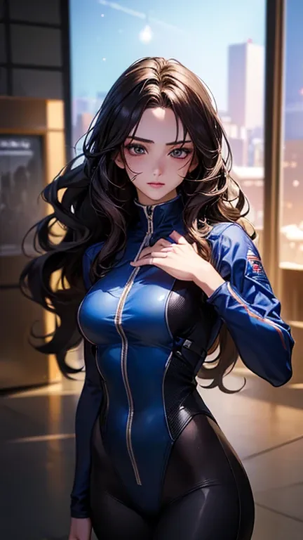 a cool anime 18 years old girl in sport suit, long pants, elegant, rich person, cool, beautiful detailed face, long wavy hair, perfect body ratio, adorable girl, 3:4 body looks, front view, look at the camera, perfect background, (best quality,4k,8k,highre...