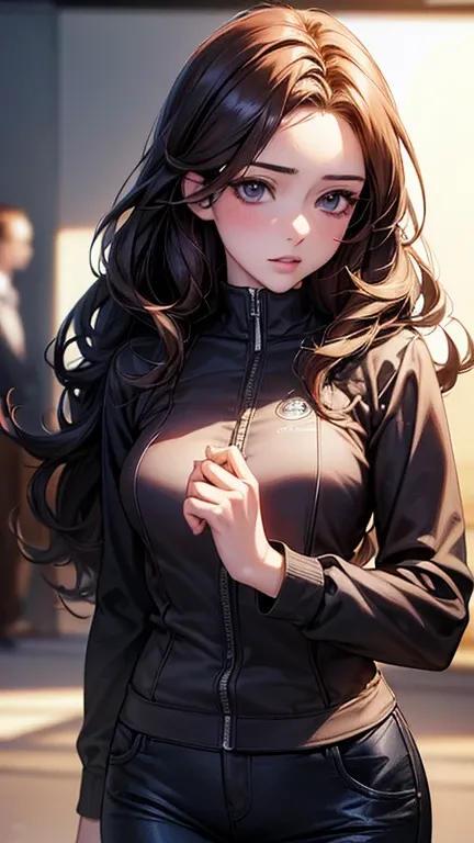 a cool anime 18 years old girl in sport suit, long pants, elegant, rich person, cool, beautiful detailed face, long wavy hair, perfect body ratio, adorable girl, 3:4 body looks, front view, look at the camera, perfect background, (best quality,4k,8k,highre...