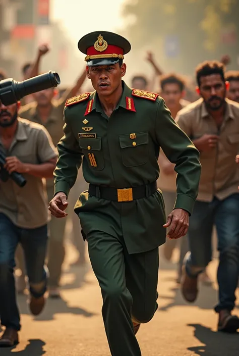 min aung hlaing, running on the road. many people are following him to kill him. he is very happy. he is wearing a general hat. people are holding guns and marchantes.