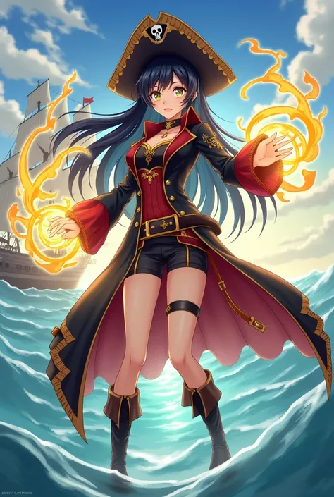 A powerful anime-style female character with long, flowing black hair and glowing eyes. She has an aura of omnipotence, represented by swirling golden and dark energy around her hands and body. She wears a black and red pirate-style outfit with gold detail...