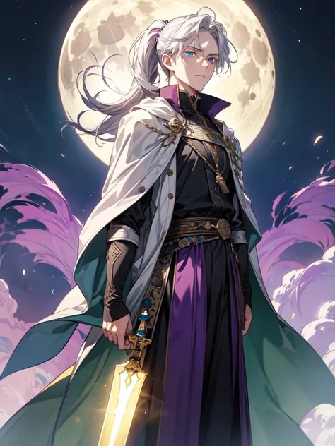  A guy with white hair in a ponytail and blue eyes holds a blade shrouded in a grey-green-purple aura. The guy is wearing a white magic cloak with gold symbols on the sleeves 
The guy is standing in front of the moon