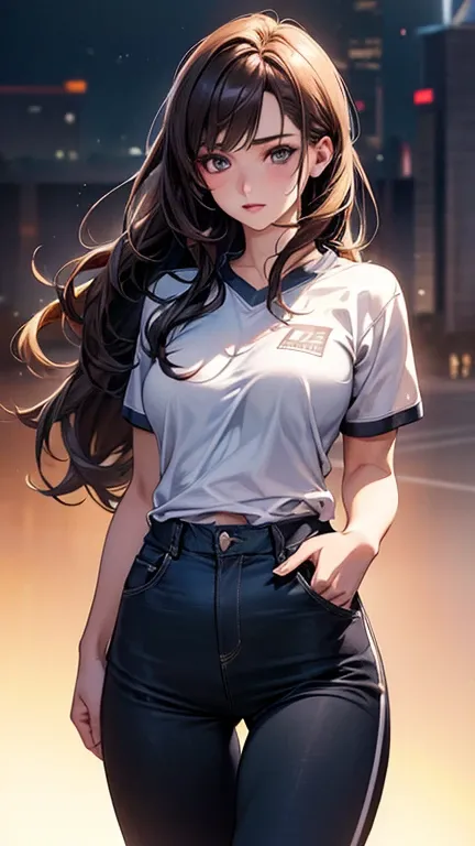 a cool anime 18 years old girl in sport outfit , long pants, elegant, rich person, cool, beautiful detailed face, long wavy hair, perfect body ratio, adorable girl, 3:4 body looks, front view, look at the camera, perfect background, (best quality,4k,8k,hig...