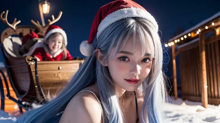 winter night, a girl dressed as Santa, pulling and jumping a Christmas sleigh,very tired, surprised and confused expressions, reindeer with a smile on the board, the sleigh is loaded with gift boxes too, wavy long length hair, plae blue and white hair, pom...