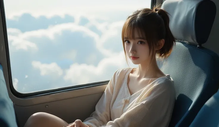 a beautiful, sweet, cute Korean woman, a Kpop idol, sitting in an electric train seat with the background, the atmosphere in the interior of the electric train carriage, with a view of the background from the window, there is a collection of clouds because...