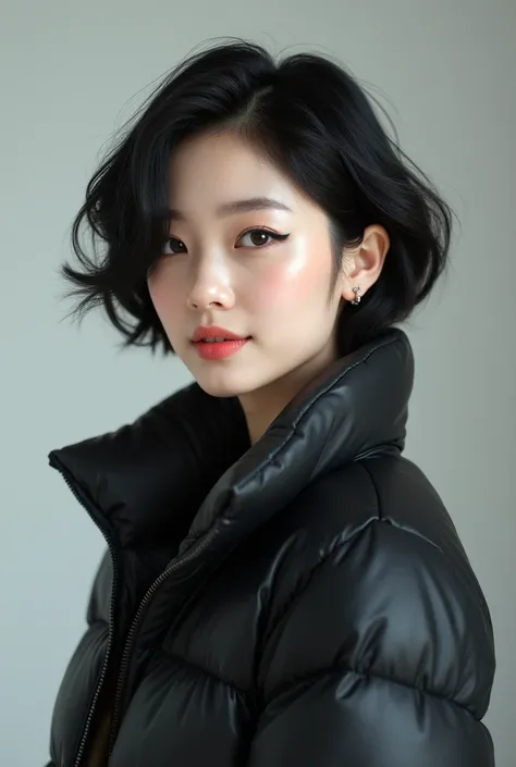 Neat Korean Woman 、 black hair、  Hairstyle Shortcut、 wavy hair 、 Darker Eye Line 、smile、 beautiful alignment of teeth、Ear piercing、黒い down jacket、、 beautiful alignment of teeth、 trainer、 upper body、 Neutral Backgrounds 、 frontal angle
