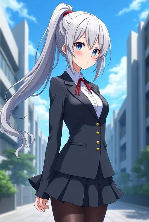 "An anime-style depiction of a 16-year-old young woman in a refined shounen art style, set in a contemporary world with magic, featuring a modern isekai fantasy atmosphere. She has long, silvery hair tied in a high ponytail, cascading elegantly down her ba...